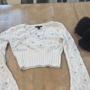 Forever 21 White Cropped Knit Sweater with Stud Accents